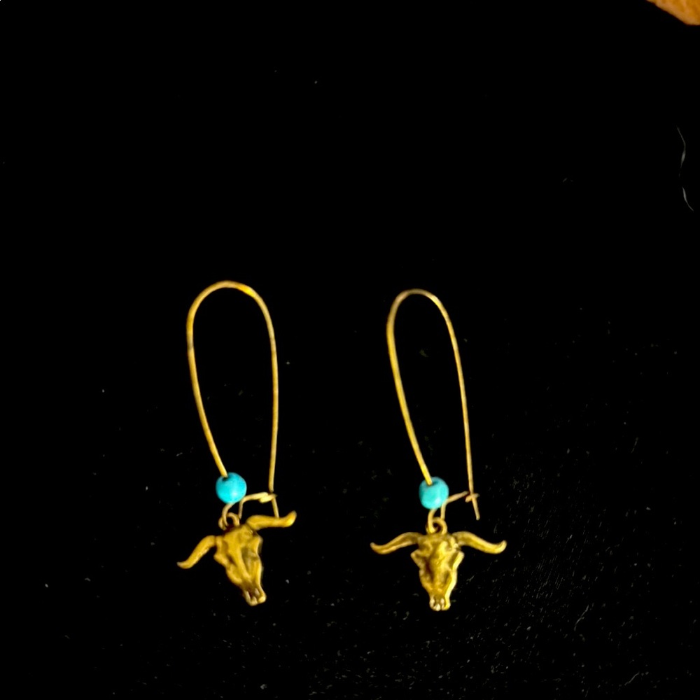 Copper Bull Skull Earrings with Turquoise Beads